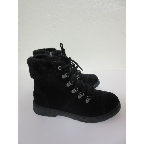 UGG Black Lace Up Combat Hiking Waterproof 6 Faux Fur Ankle Lugged Sole Booties - Picture 3 of 8